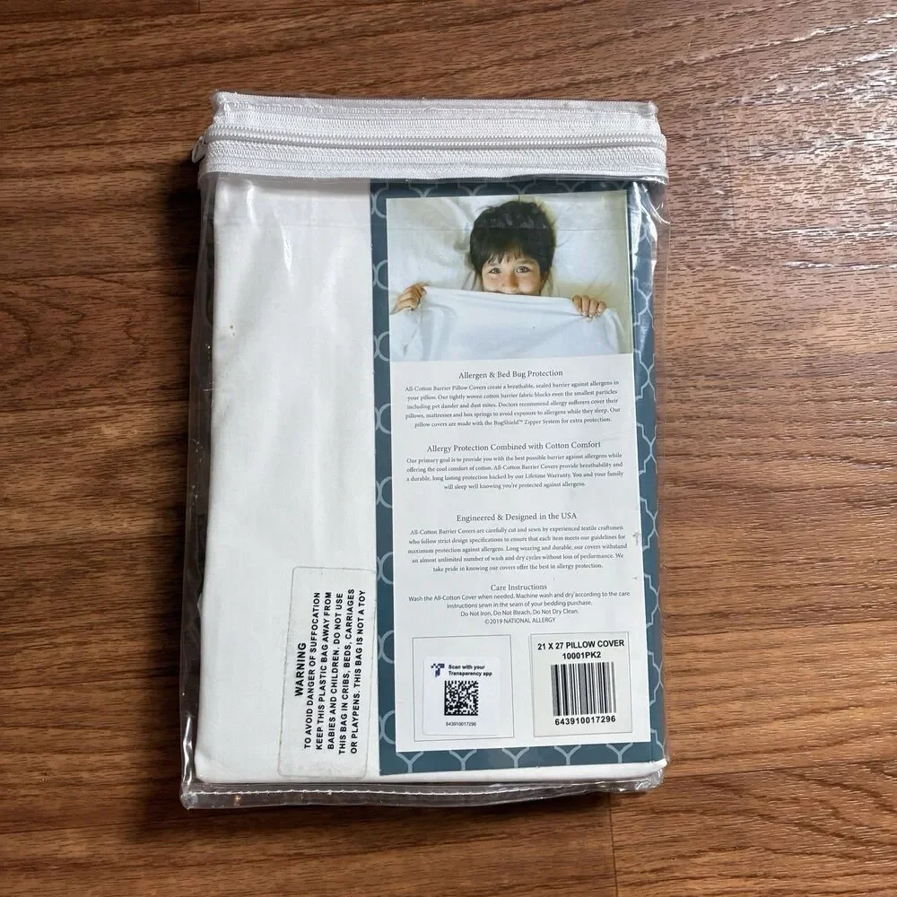 All-Cotton Comfortable Allergy Protection Pillow Cover. 21”x27” White. New